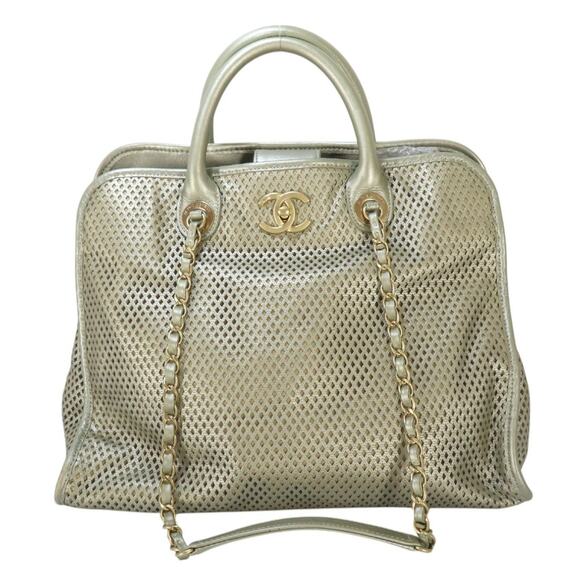 Chanel Gold Perforated Bag Up In The Air Tote Metallic Shoulder CC Vintage Rare
